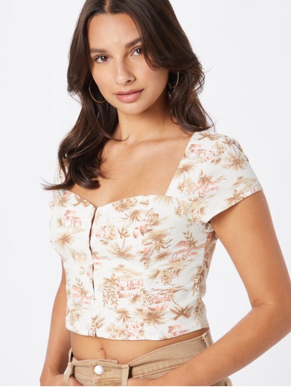 Abercrombie & Fitch Cream Tropical Print Short Sleeve Crop Top